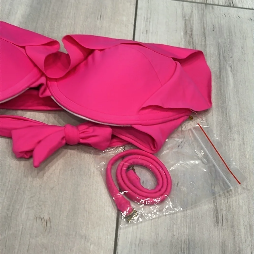 Tori Praver hot pink ruffled strapless swim bikini top size XS